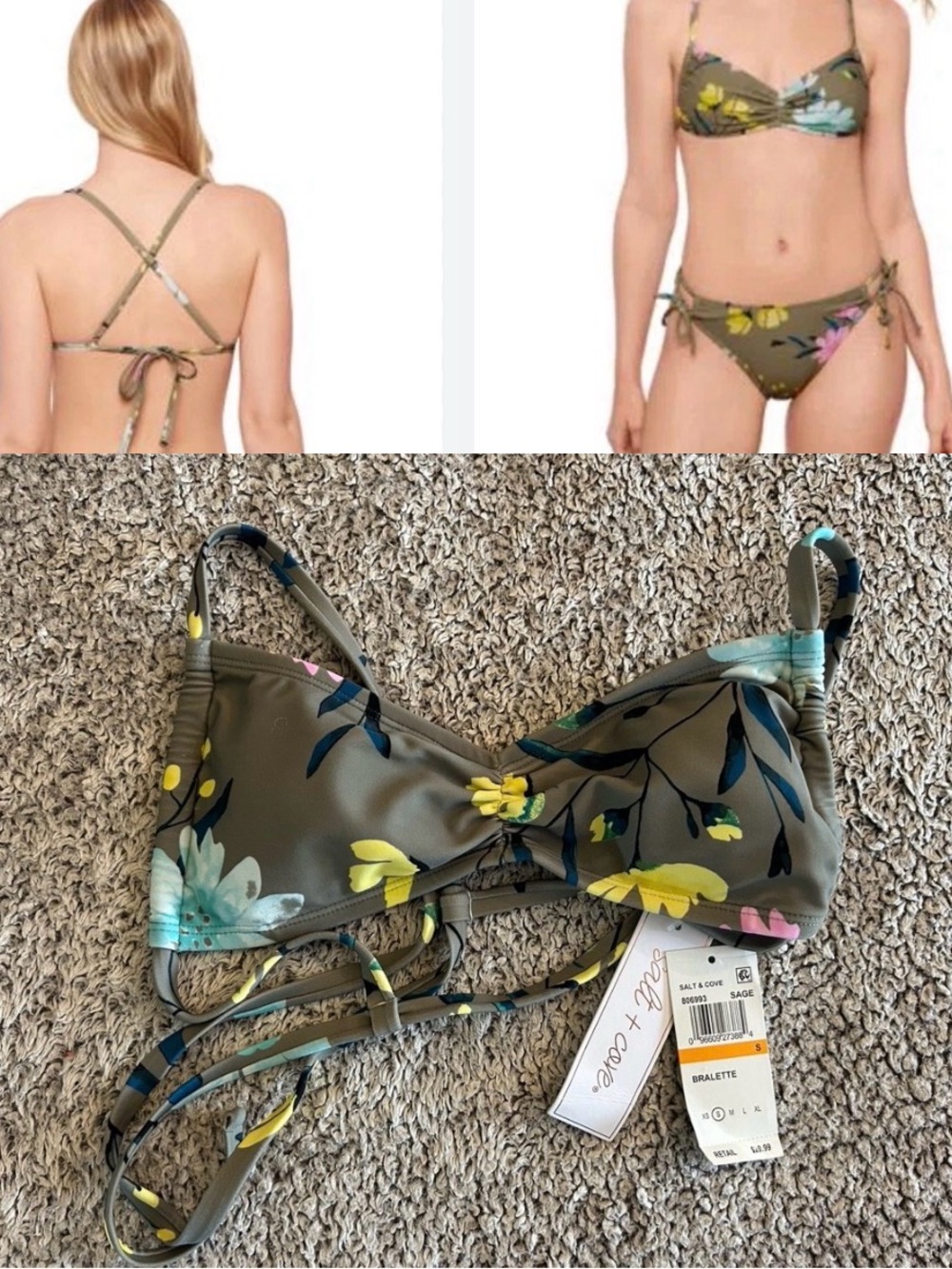 NWT Salt + Cove Sage Floral Strappy Bikini Top Small